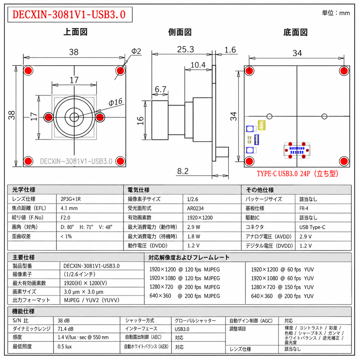 AR0234 USB3.0カメラモジュール 寸法図・仕様